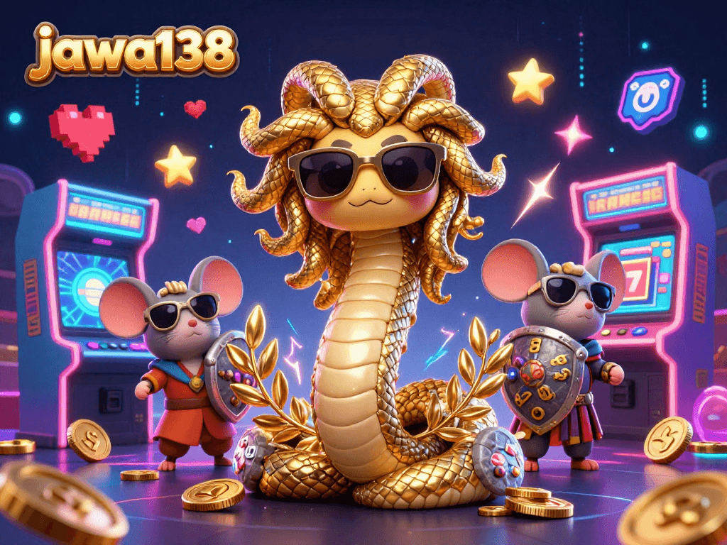 Experience the fun at jawa138 with Medusa and friends enjoying slots and games in an exciting illustration.