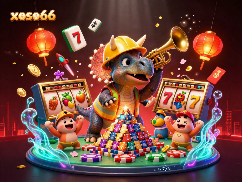 Xoso66 engages players in a lively casino scene with vibrant slot symbols and joyful characters celebrating a win.