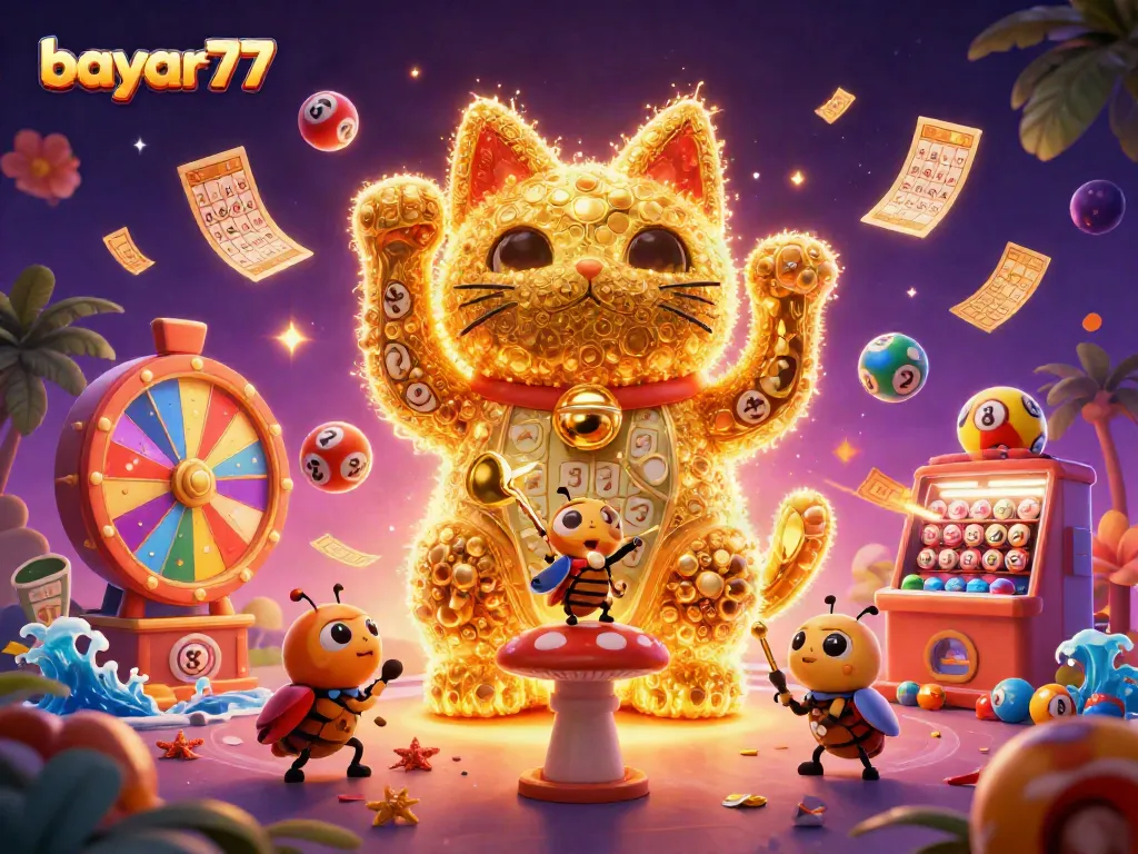 Experience vibrant gameplay with bayar77, where golden fireflies form a lucky cat in a dynamic casino scene.