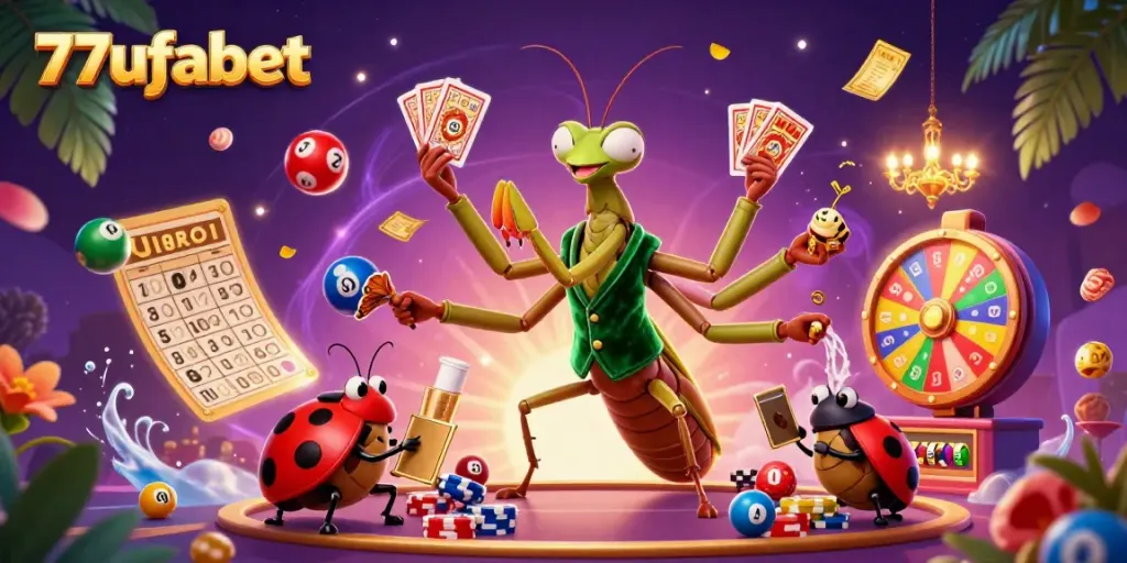 Experience the thrill of 77ufabet with vibrant casino games and festive elements in a 3D cartoon illustration.