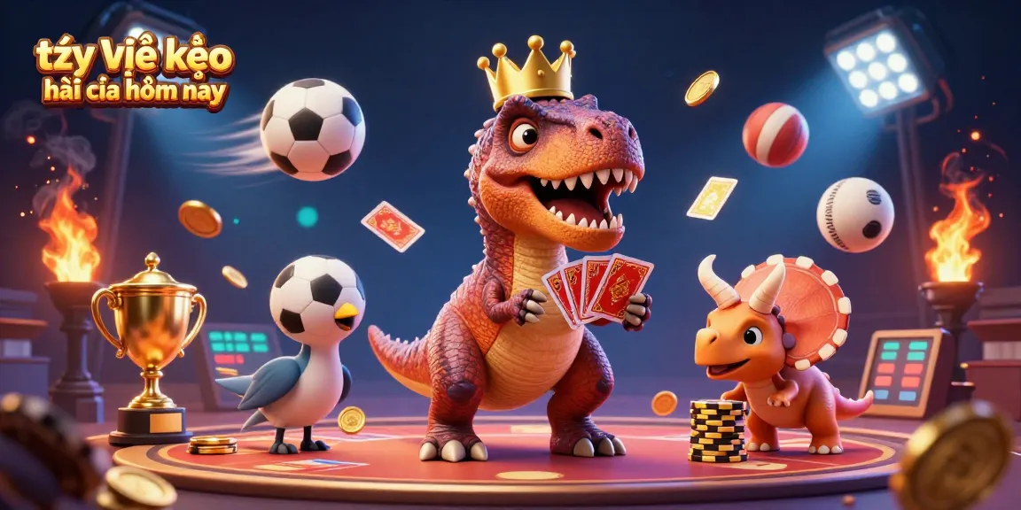 Experience the excitement of tỷ lệ kèo nhà cái hôm nay with friendly dinosaurs engaged in sports betting activities in a vibrant scene.