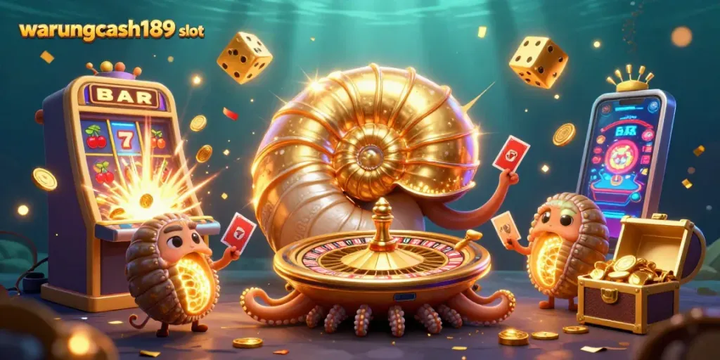 Experience thrilling action with warungcash189 slot, as playful nautilus spins winning cards amidst visual confetti and jackpots.