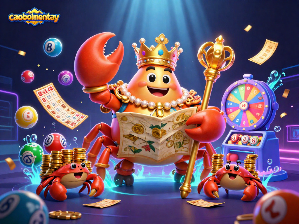 Experience the thrill of caoboimientay with a vibrant 3D illustration of a crab emperor surrounded by casino games.