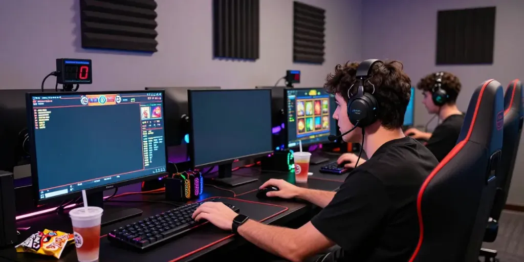 Luxury111 login scene showcasing an intense gamer at a competitive gaming setup with vibrant displays.