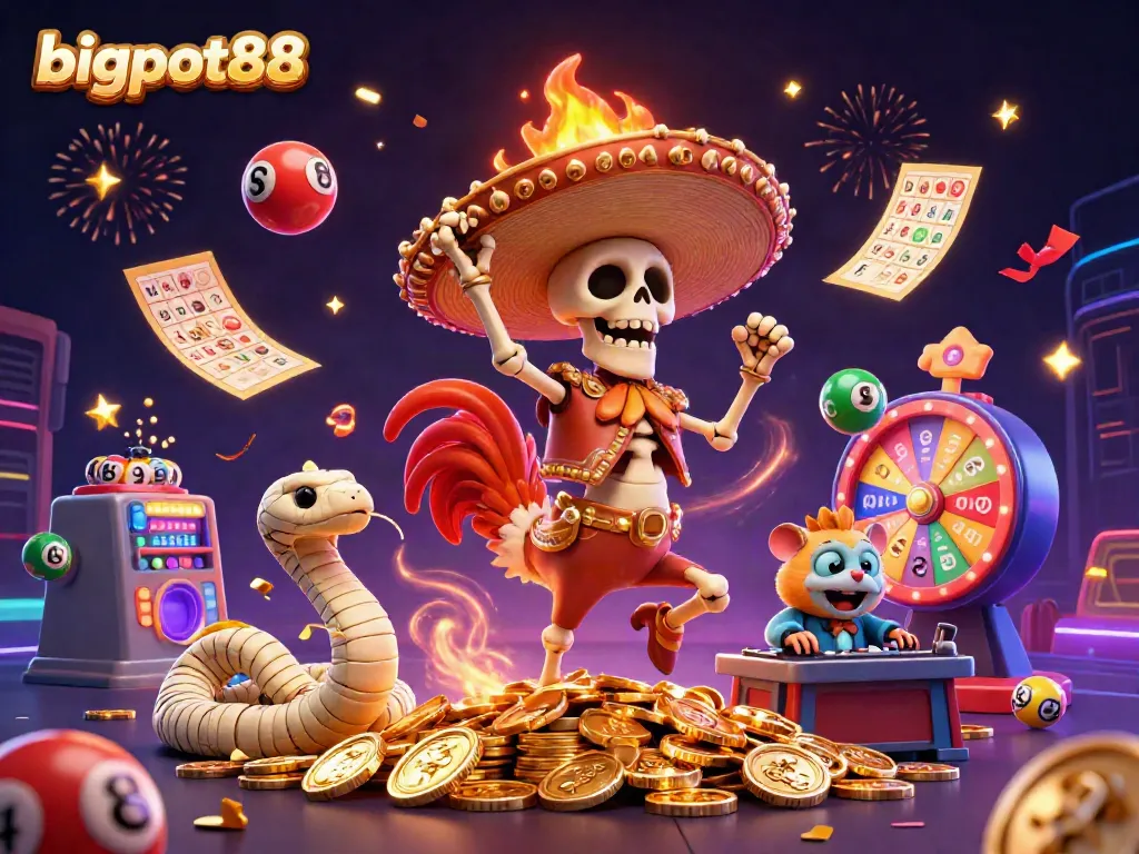 Experience bigpot88's thrilling gaming world with dynamic characters, coins, and vibrant lottery elements.