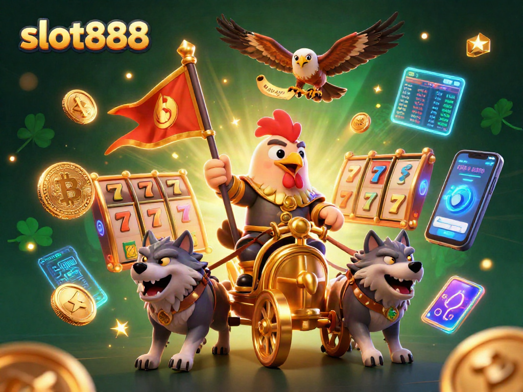 Win jackpots with slot888 while enjoying a thrilling scene with a rooster warlord and crypto elements.