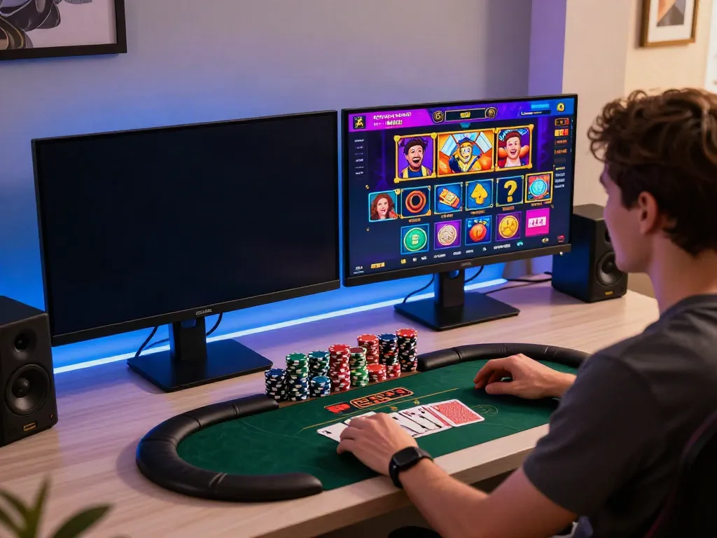 Engaging akunjp online gaming scene with vibrant visuals and poker setup.