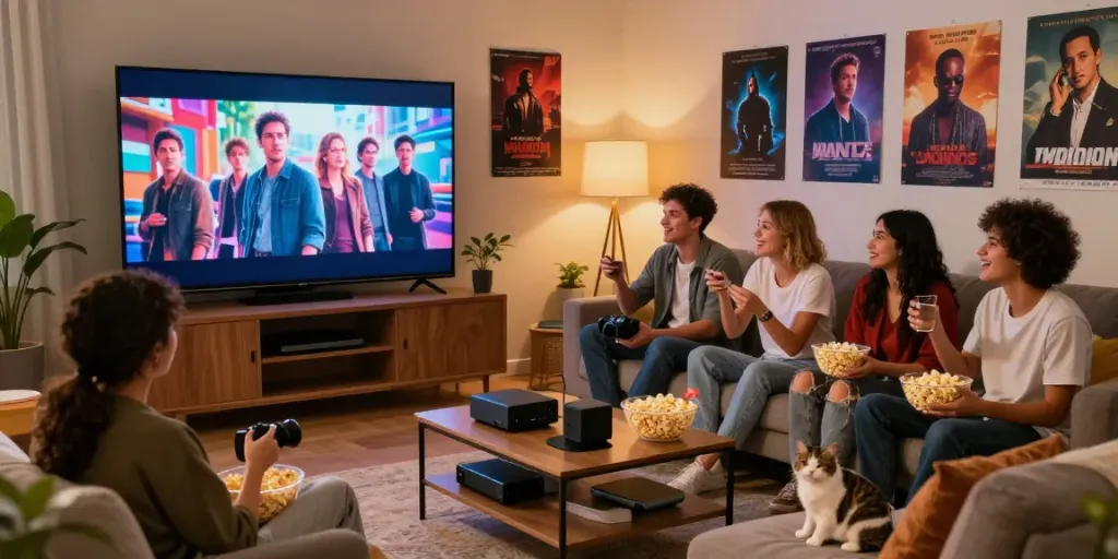 Penggemar MENANG66 menikmati malam film di rumah, dikelilingi popcorn dan dekorasi hiburan.