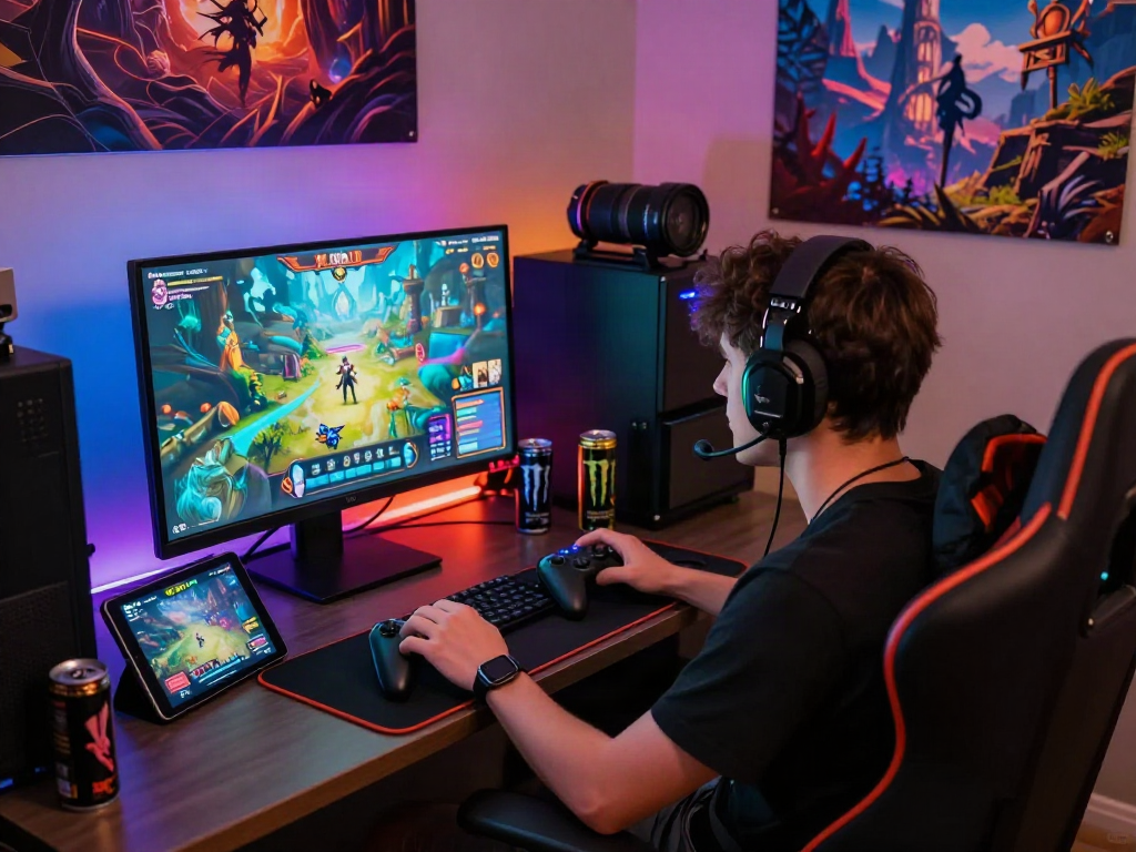 Engaging player enjoying a porn game in a vibrant gaming setup with colorful lights.