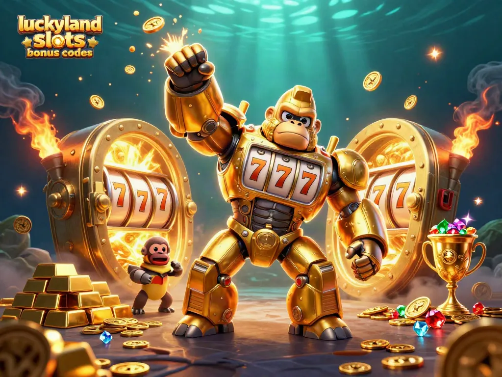 Experience winning at LuckyLand Slots Bonus Codes with a golden gorilla mech and treasures!