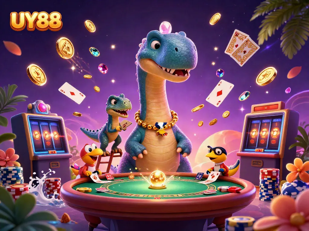 Engage with UY88's vibrant casino world featuring dynamic gaming elements and lively characters.