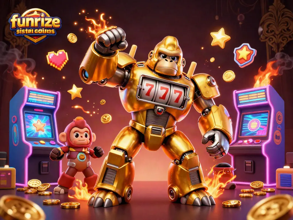 Experience exciting gameplay at funrize sister casinos, featuring dynamic golden gorilla mech and arcade machines.