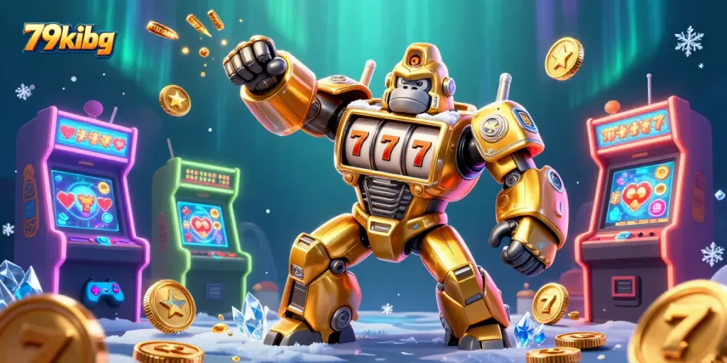 Experience the excitement of 79kibg with a golden gorilla mech, slot machine details, and vibrant gaming elements.
