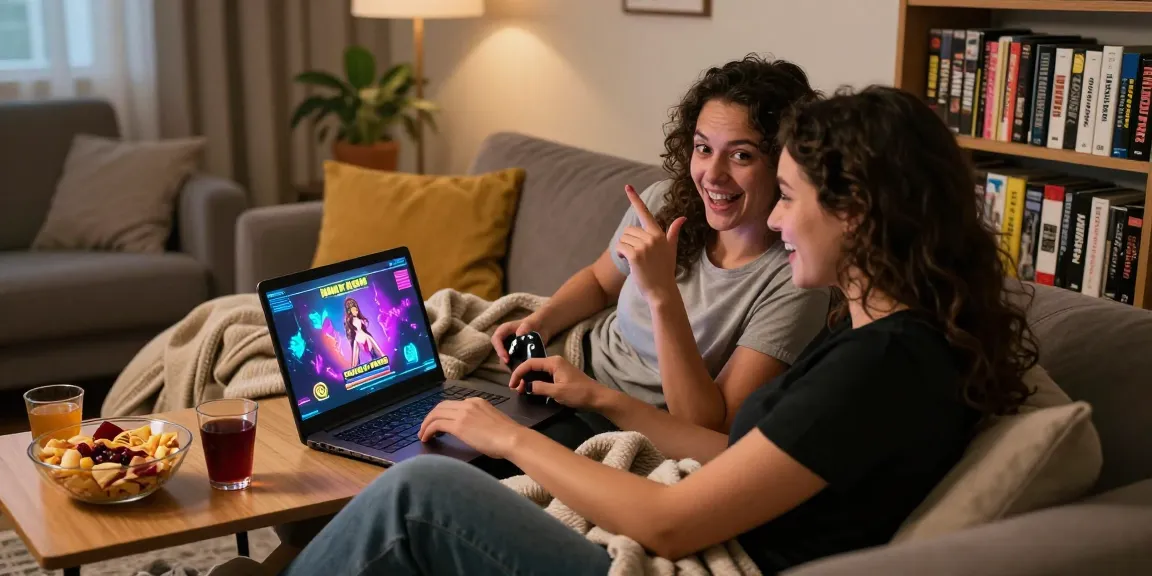 Couple enjoying a free sex game on laptop in cozy living room setting.
