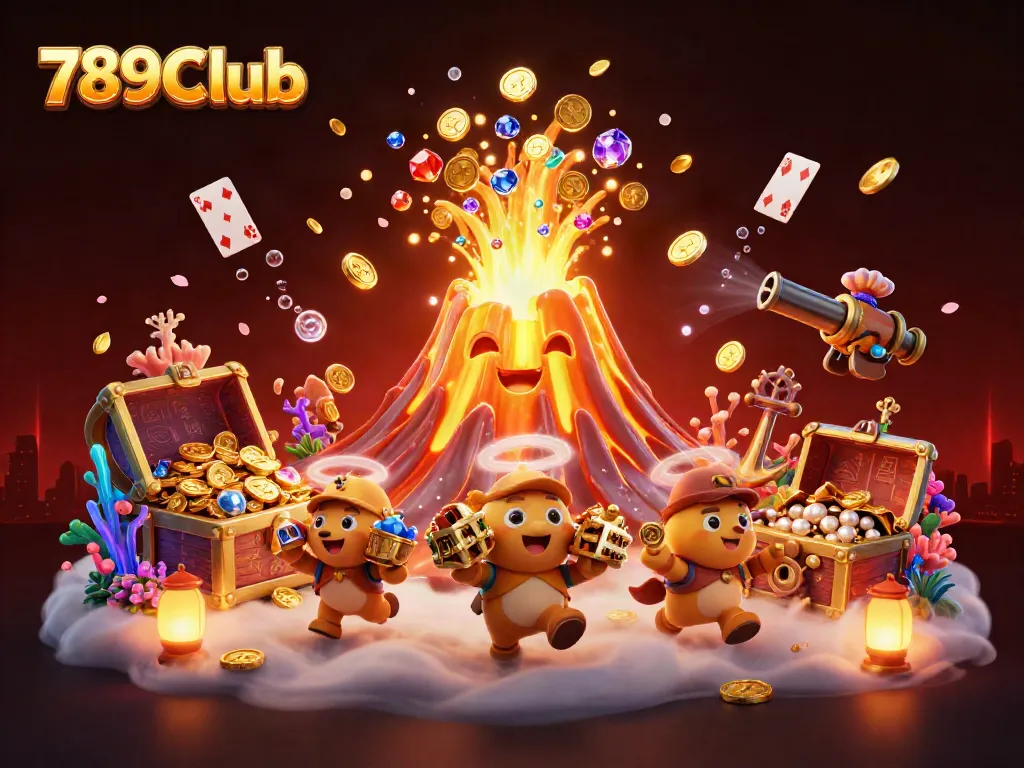 Win big at 789Club with a golden volcano erupting coins and treasures in an exciting casino scene.