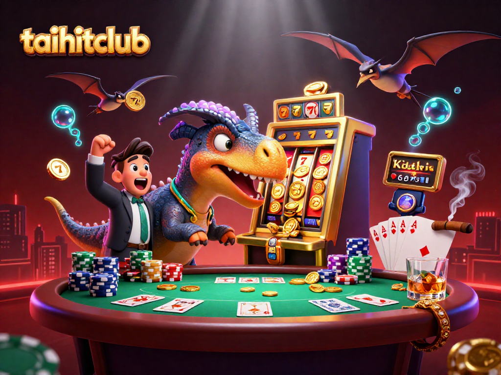Win big with taihitclub as dinosaurs engage in an epic casino jackpot scene.