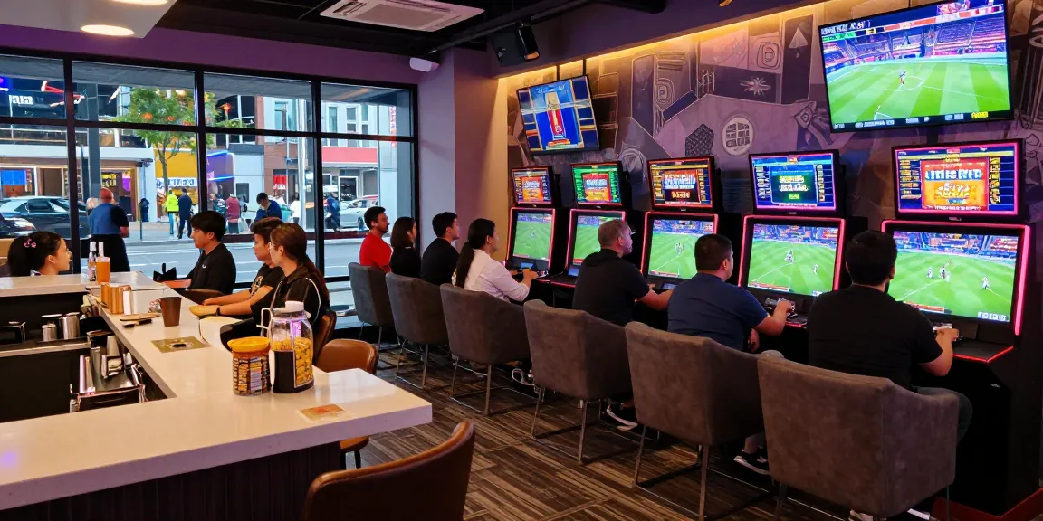 Bettors engaging in situs toto sports events at a vibrant sports lounge