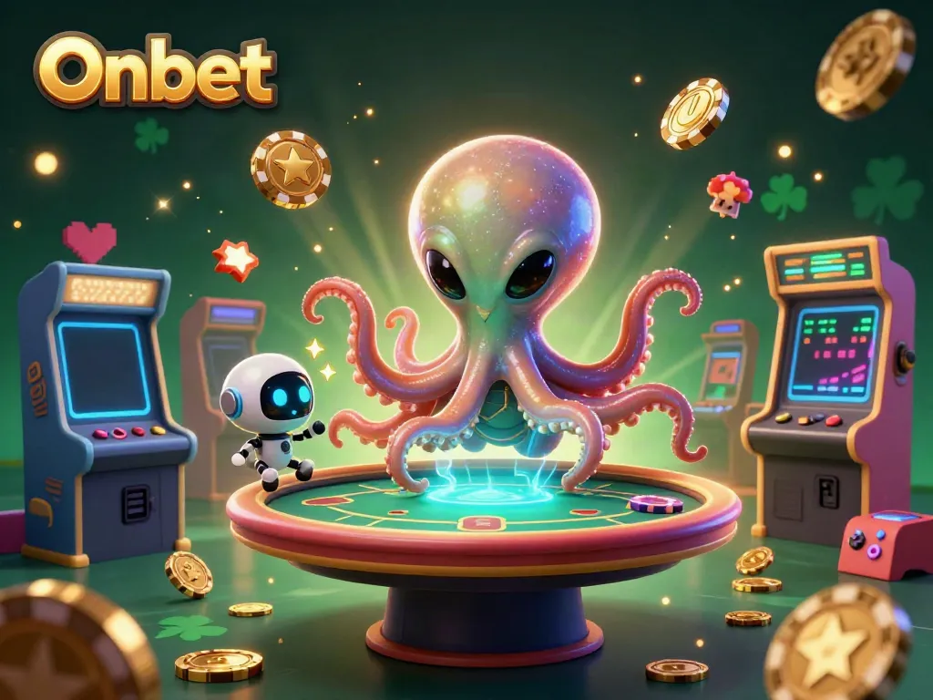 Engaging alien octopus at a poker table promoting Onbet’s thrilling gaming experience.