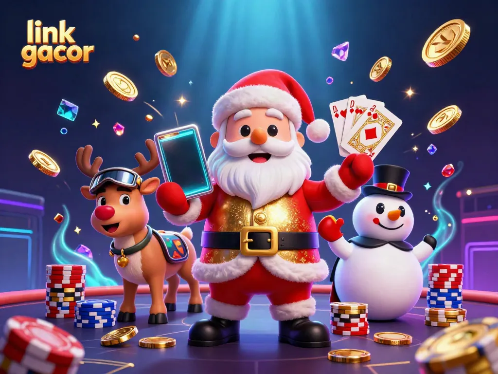 Engage with the exciting link gacor scene featuring Santa Claus and friends celebrating casino wins.
