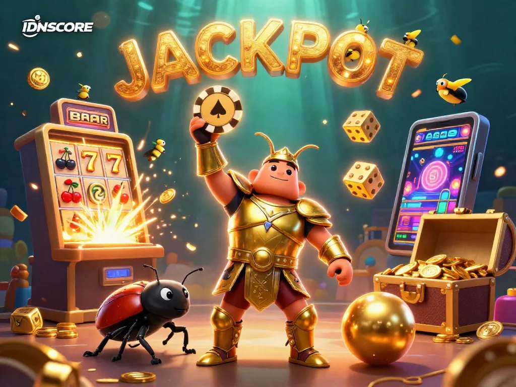 IDNSCORE features a thrilling jackpot scene with vibrant characters and casino elements bursting with excitement