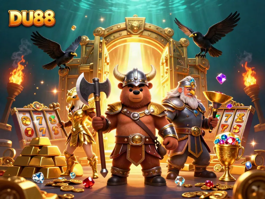 Engage with DU88 casino treasures featuring Viking characters and slot symbols in a vibrant scene.
