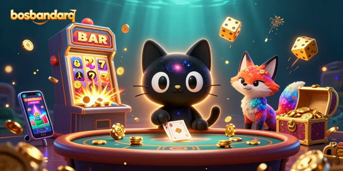 Bosbandarq showcases thrilling casino games, featuring a cosmic black hole cat and vibrant nebula fox.