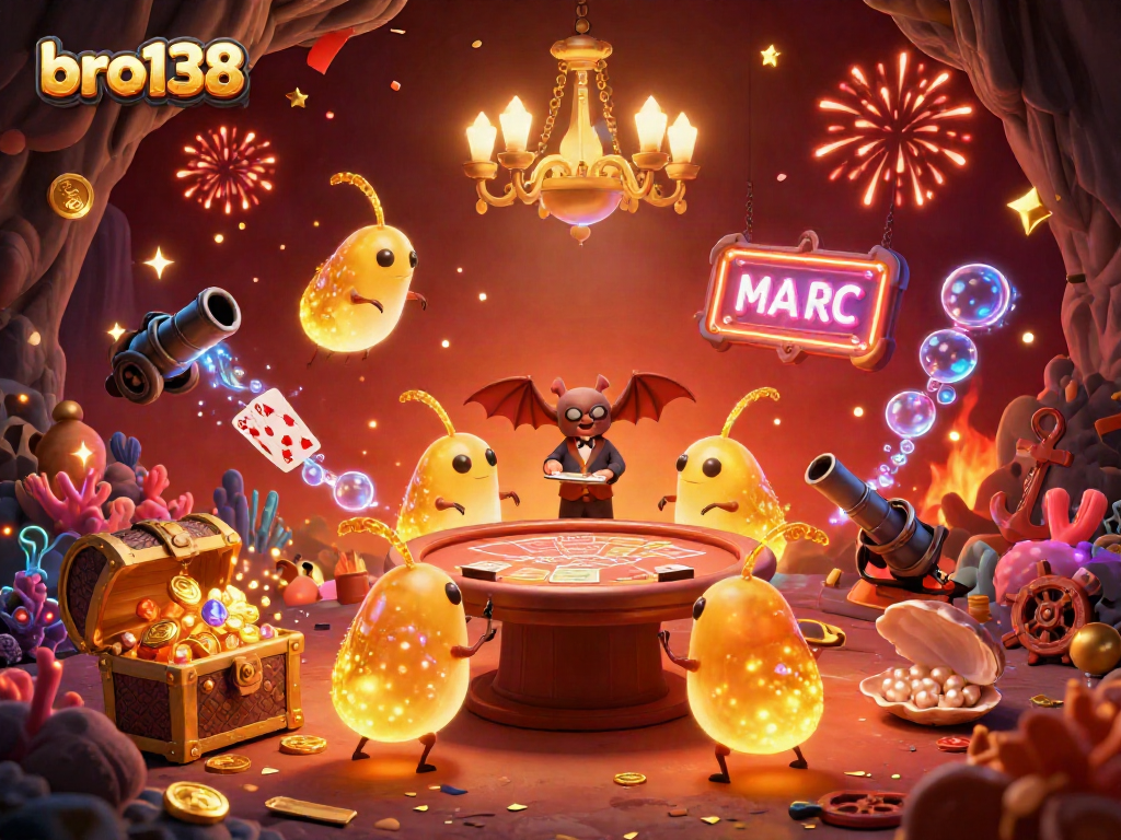 Experience vibrant action in bro138's glowing cave casino, animated by charm and sparkles.