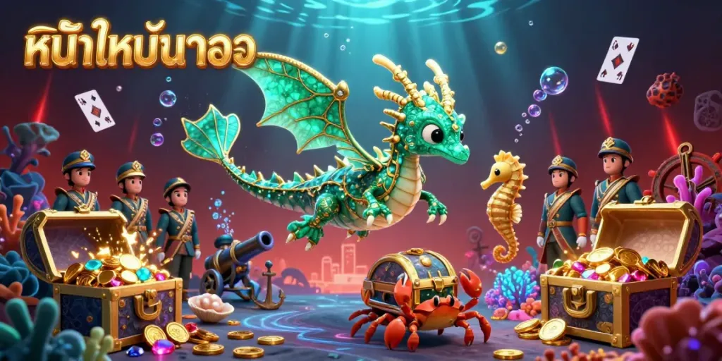 Experience the thrill of หนังใหม่ชนโรง in a vibrant underwater treasure scene, featuring a sea dragon and floating playing cards.