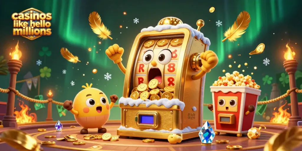 Spin jackpots and cheer with casinos like hello millions in a vibrant 3D illustration.