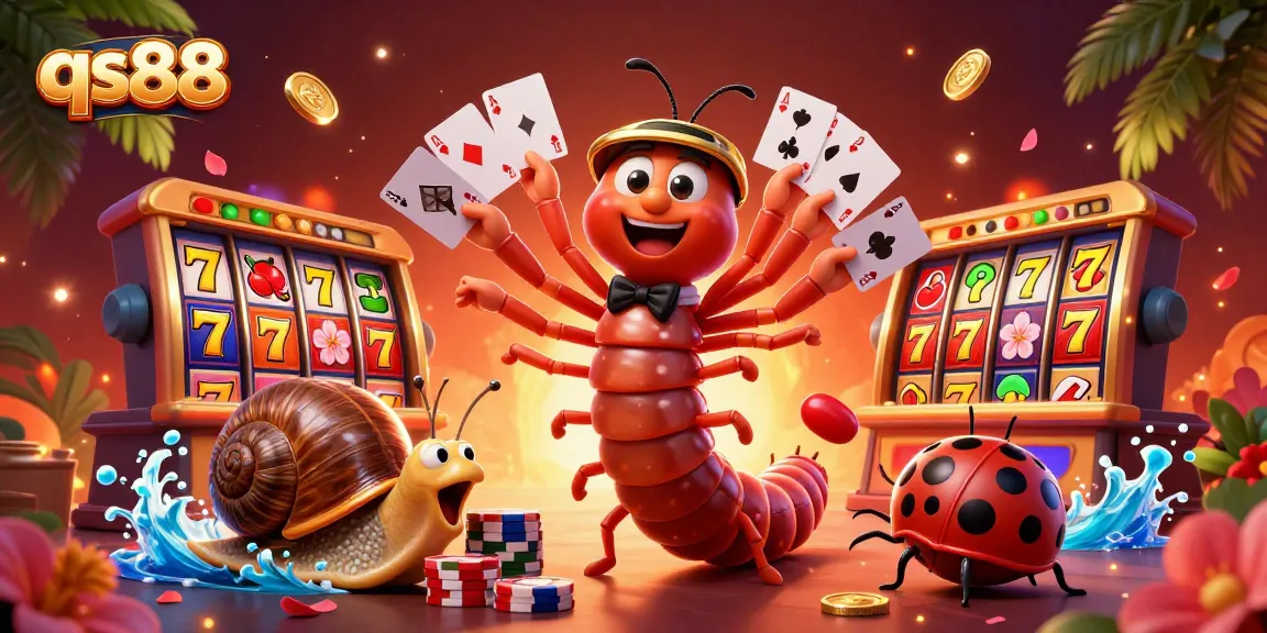 qs88 slots scene featuring a cartoon millipede dealer, vibrant colors and dynamic gameplay elements.