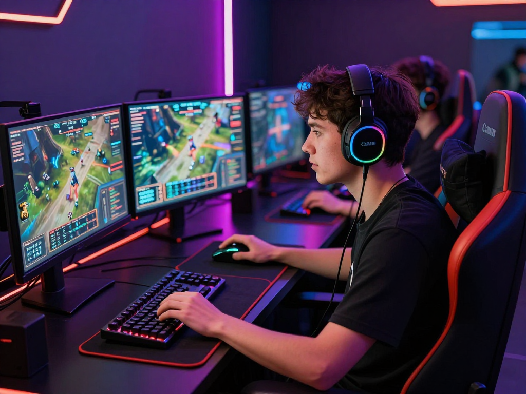 Penggila game bos88 sedang bermain di setup gaming yang cerah dan penuh warna