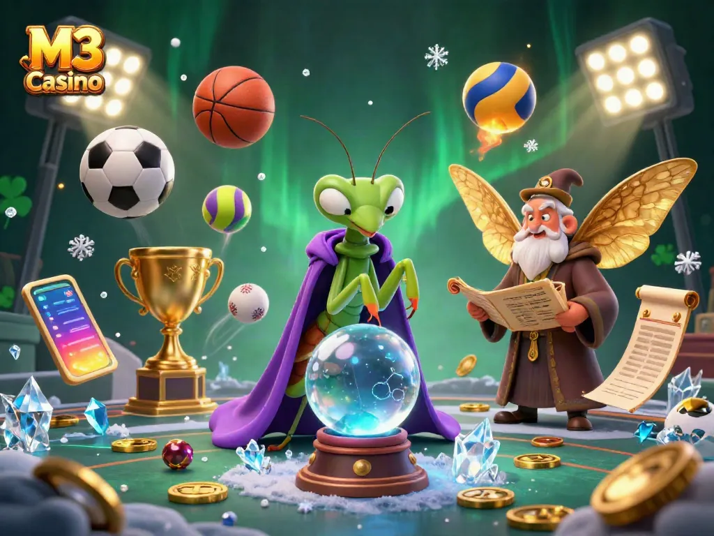 Engage with M3 Casino's thrilling atmosphere featuring a mystical fortune teller, a wise moth librarian, and dynamic sports betting elements.