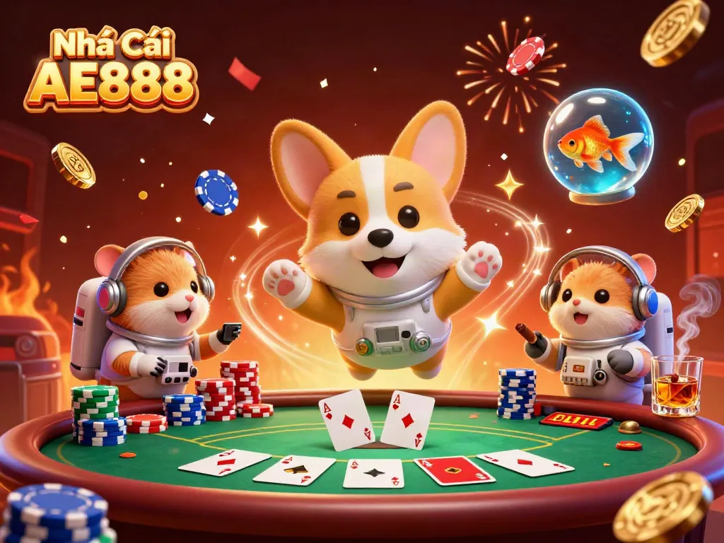 Engaging scene with Nhà Cái AE888 showcasing a floating astronaut corgi in a casino environment