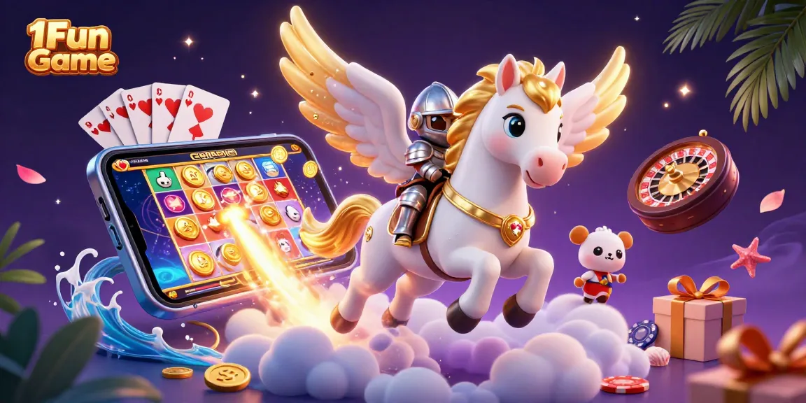 Spin and win in 1Fun Game with a knight on a celestial horse amidst exciting casino elements.