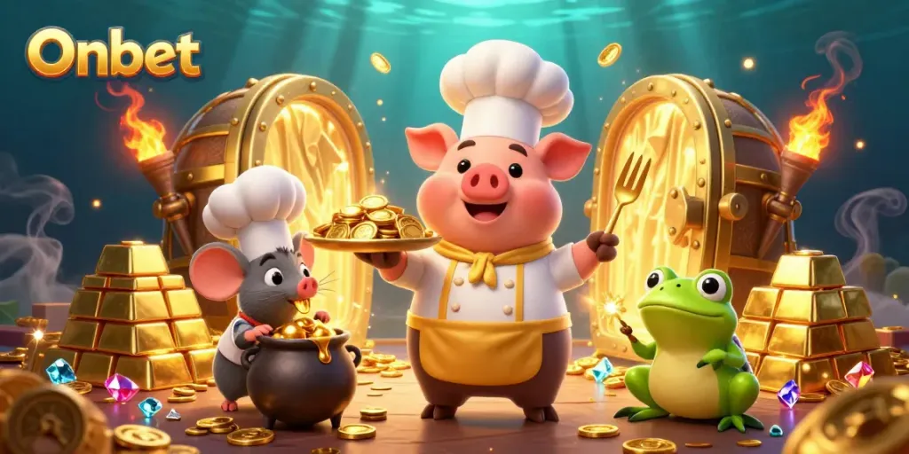 Engage with Onbet's thrilling casino experience featuring a gourmet pig chef serving gold coins amidst dazzling treasures.