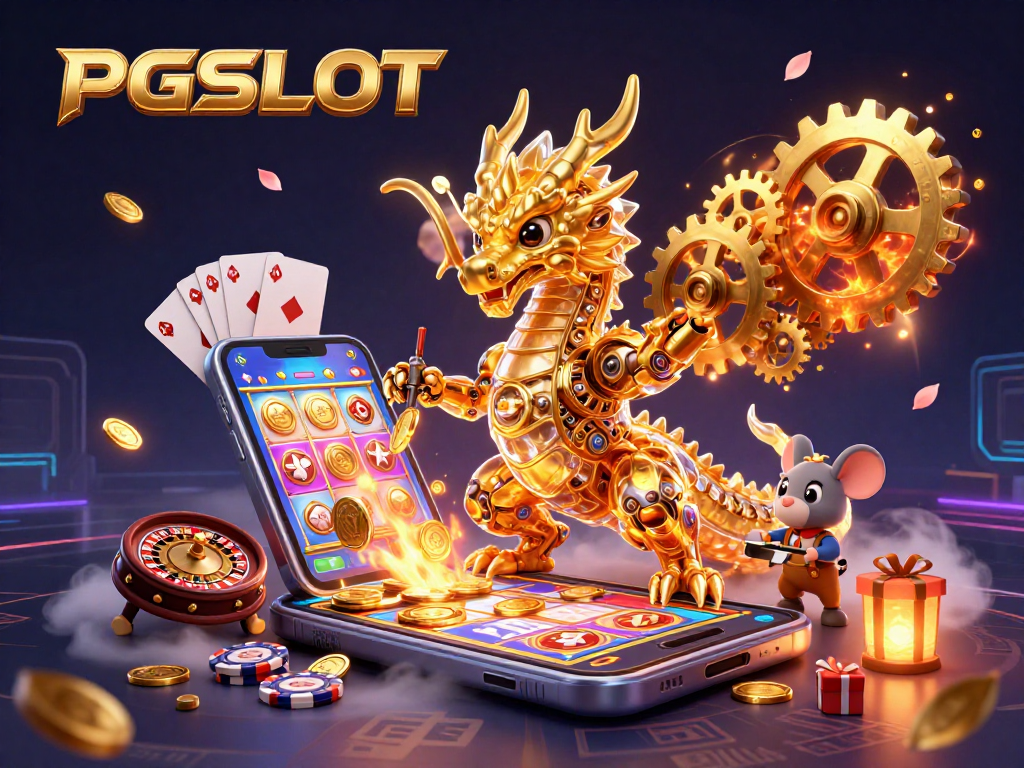 PGSLOT offers engaging gaming experiences, featuring a golden dragon and dynamic slot game elements.