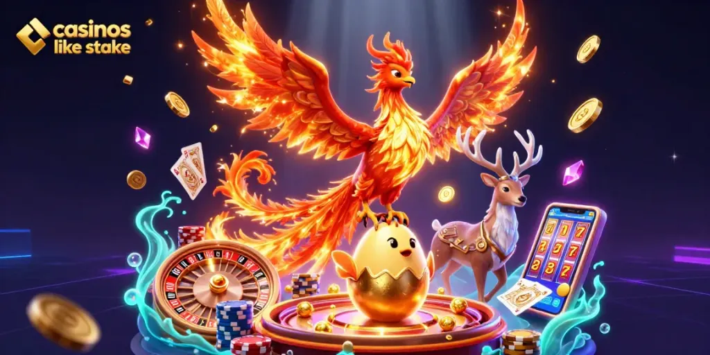Play at casinos like stake, featuring a phoenix and dazzling casino elements in a vibrant scene.