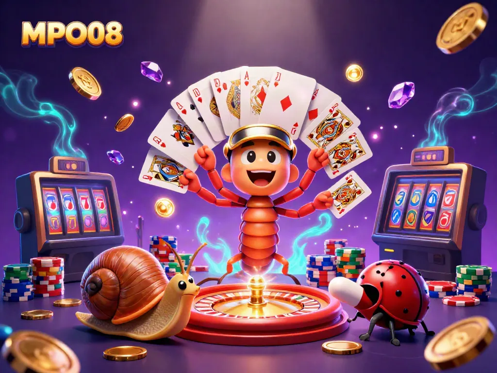 Experience the excitement of MPO08 with a dealer character showcasing diverse cards and charming gaming elements.