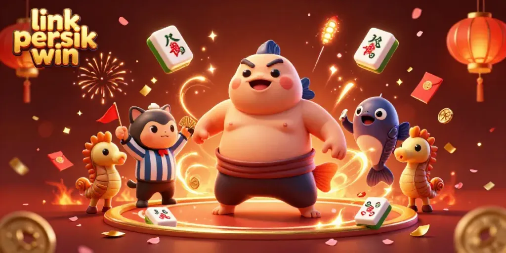Menghadirkan link persik win dengan ilustrasi 3D fugu besar mengenakan sabuk mawashi di ring bawah laut, penuh warna dan keceriaan.