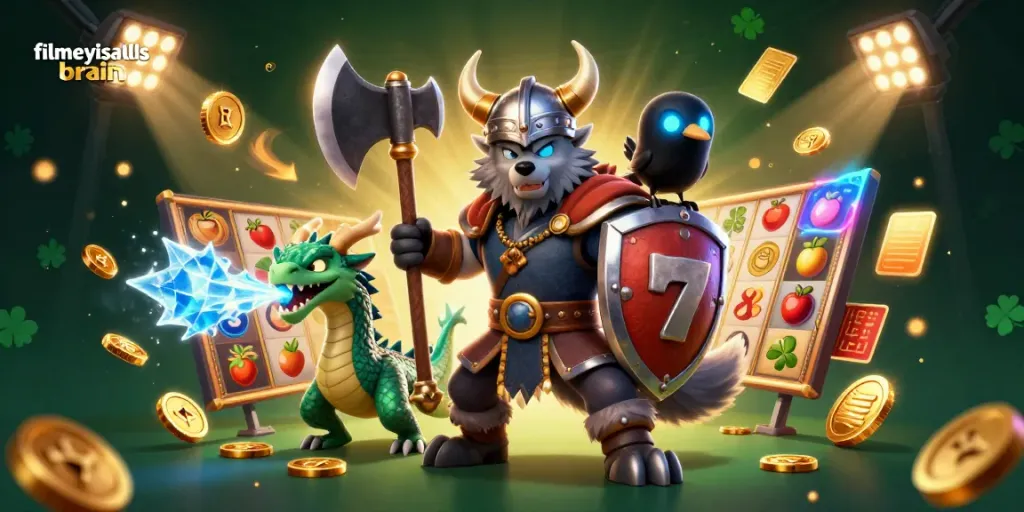 filmeyeballsbrain menampilkan ilustrasi 3D slot dengan karakter Viking, naga, dan burung gagak dalam suasana kasino