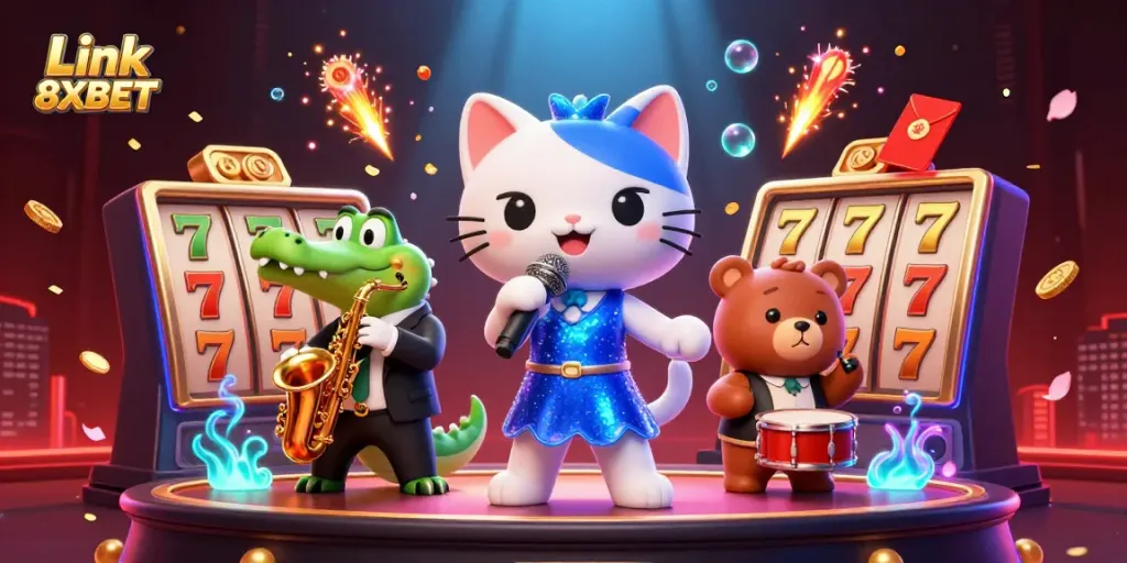 Win big at Link 8XBET with this vibrant casino scene featuring cartoon characters and slot elements.