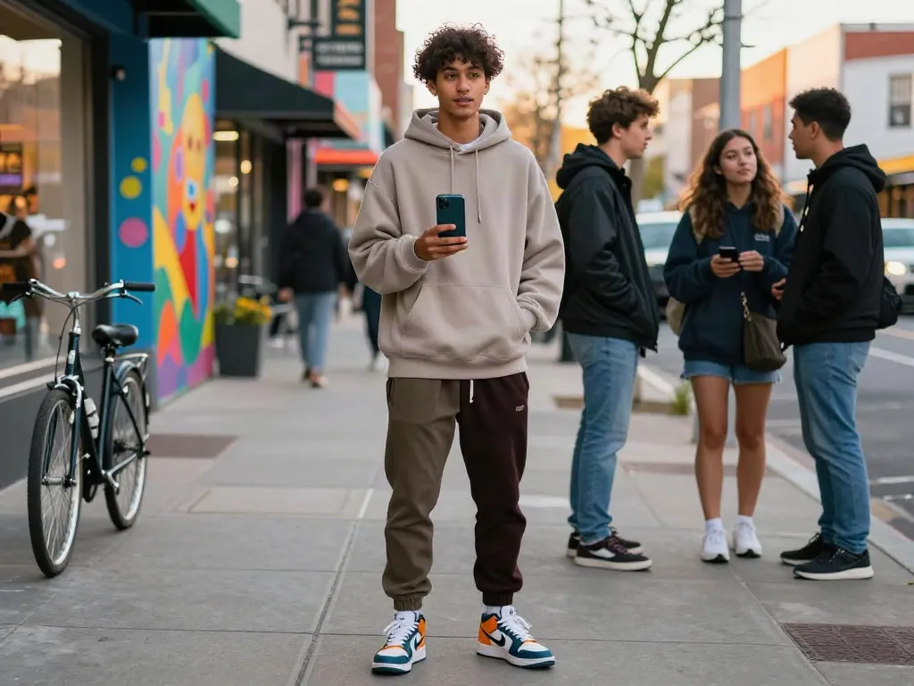 Peh888 styled individual confidently engaging with friends in an urban setting.