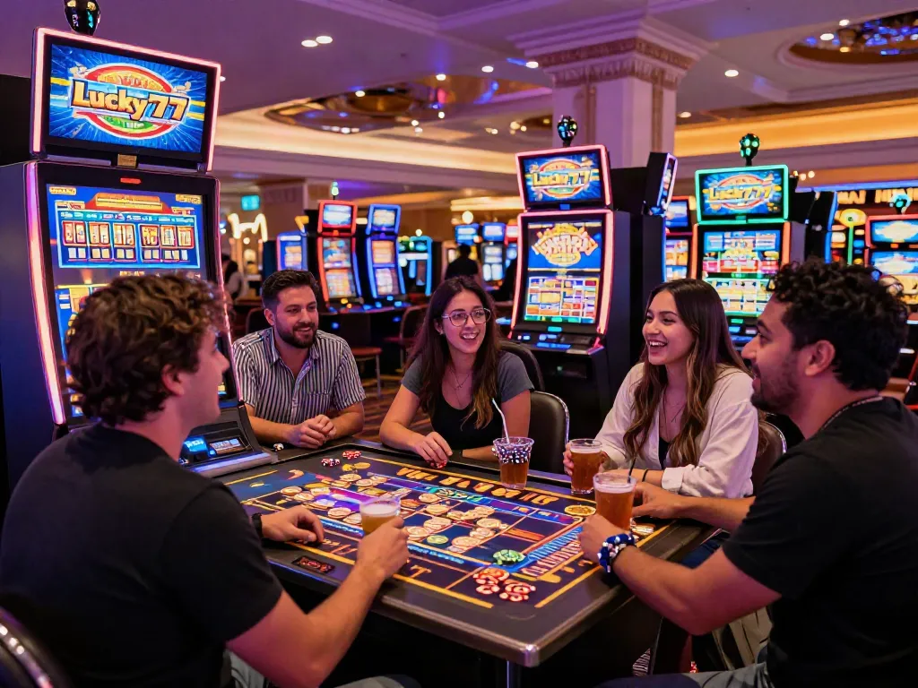 Group of friends celebrating a win at Lucky777 slot machine in vibrant casino.