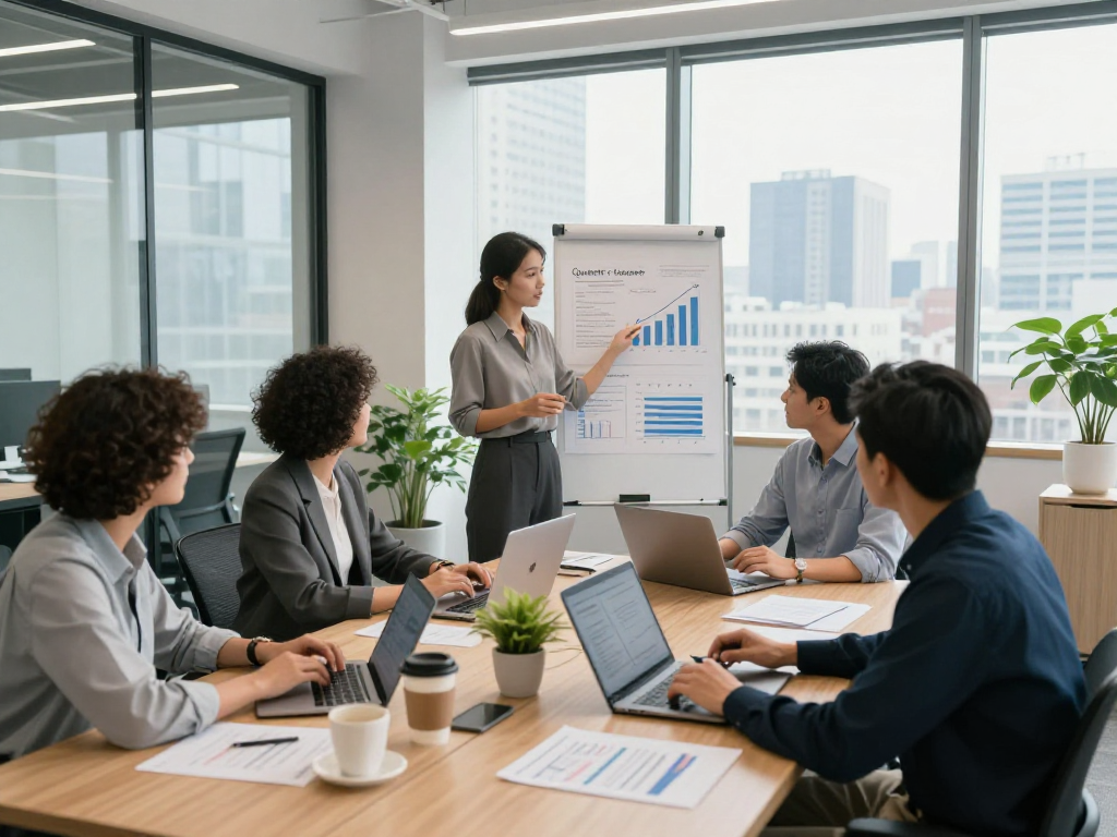 Tim profesional yang berkolaborasi dalam rapat dengan presentasi data di latar belakang, menunjukkan cara efektif menggunakan coloksgp.