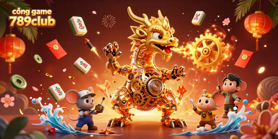 Join the fun at cổng game 789club with its vibrant gaming scene featuring a golden dragon and festive elements.