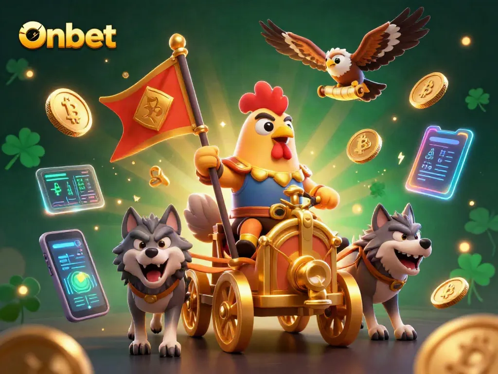 Engage with Onbet's thrilling adventure featuring a rooster warlord in a dynamic casino scene.