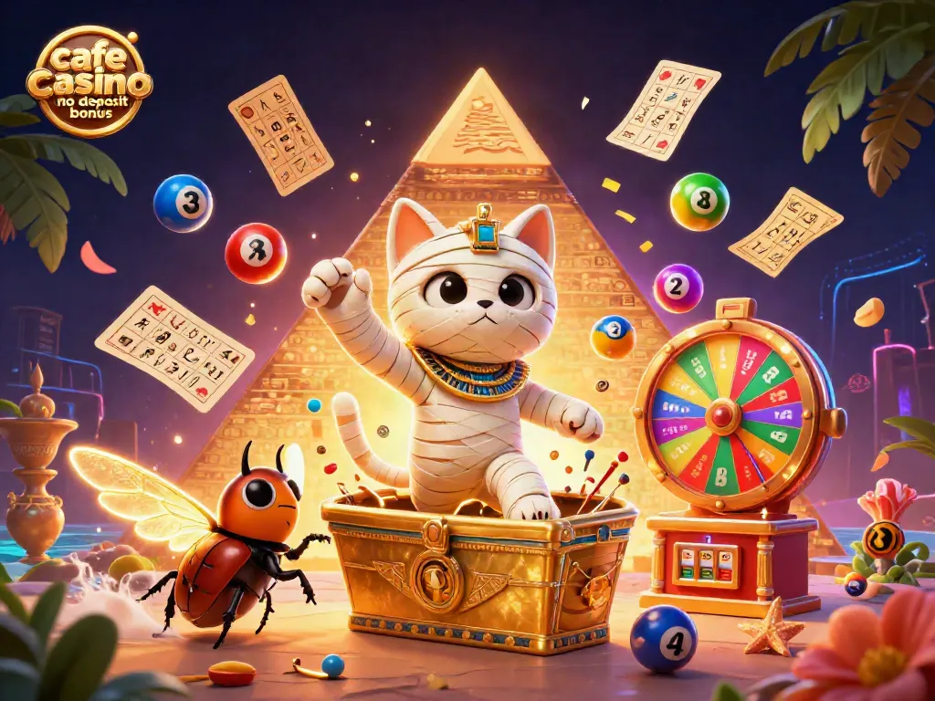 Win big with the cafe casino no deposit bonus, featuring vibrant casino elements and characters!