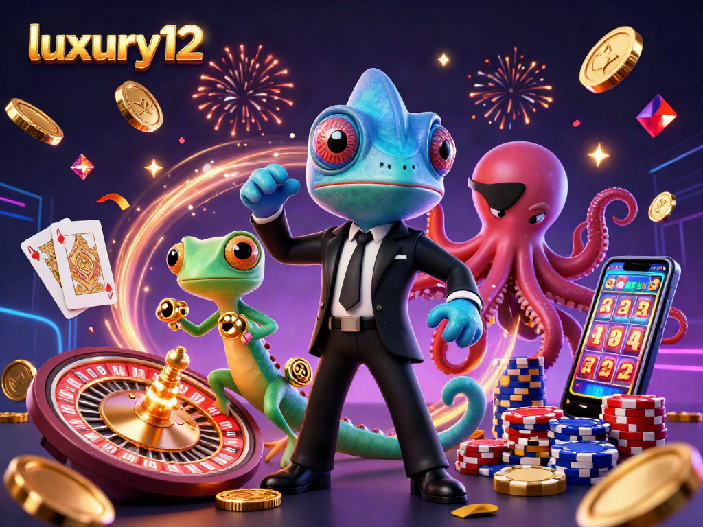 Experience luxury12 casino thrills with vibrant gaming characters and dynamic casino elements.