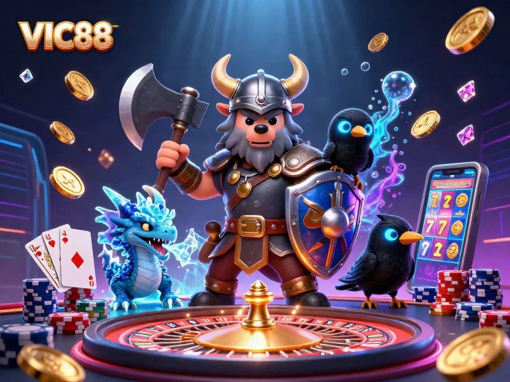 VIC88 shows exciting online slot play with vibrant characters and casino elements in a dazzling scene.