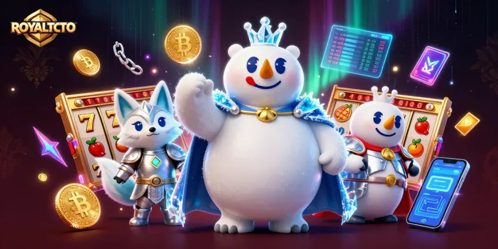 Engage with ROYALTOTO's dynamic lottery scene featuring a polar bear and snow fox amidst glowing gaming elements.